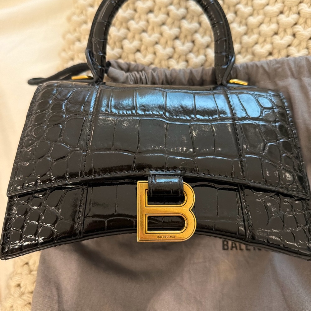 Balenciaga Mini Hourglass Top Handle Bag in Black Croc with Gold 'B' Hardware